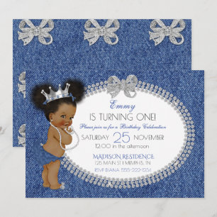 Invitación Afroamericana Bebé Niña Denim & Diamonds Lazos