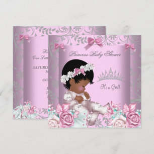 Invitación Afroamericana Cumpleaños de Bebé Niña Rosa y Gris