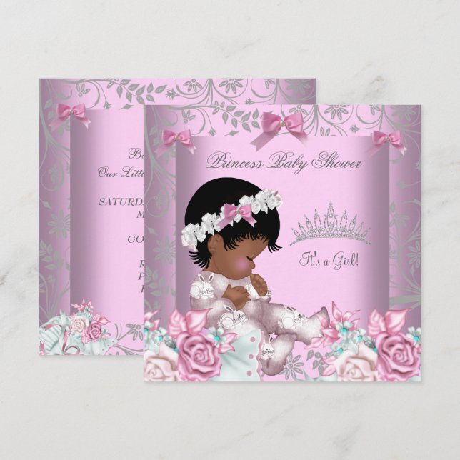 Invitación Afroamericana Cumpleaños de Bebé Niña Rosa y Gris  (Anverso / Reverso)
