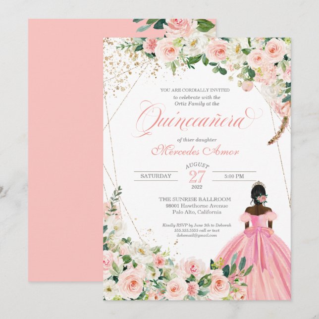 Invitación Afrolatina floral blanca y rosa de Rubor Quinceane (Anverso / Reverso)
