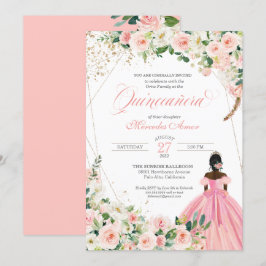 Invitación Afrolatina floral blanca y rosa de Rubor Quinceane