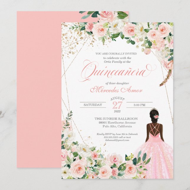Invitación Afrolatina floral rosa Rubor Quinceanera (Anverso / Reverso)