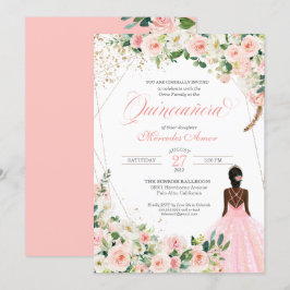 Invitación Afrolatina floral rosa Rubor Quinceanera