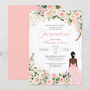 Invitación Afrolatina floral rosa Rubor Quinceanera