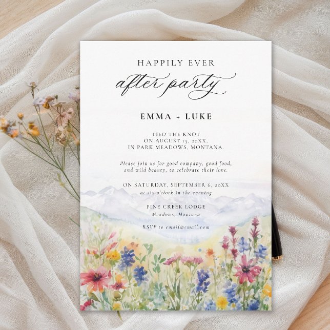 Invitación After Party Mountains Meadow Wildflowers Wedding (elopement after party invitation happily ever mountain wildflowers meadow watercolor modern)