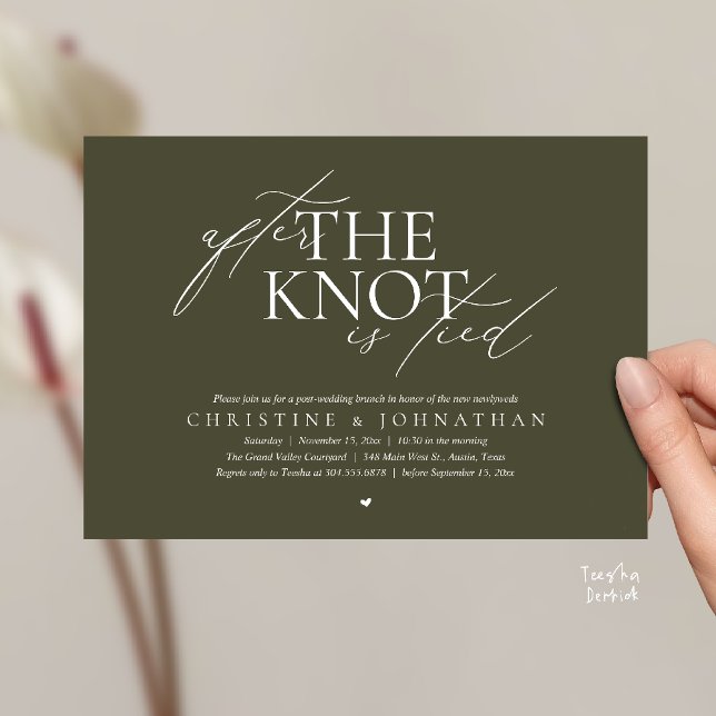 Invitación After The Knot Tied, Post Wedding Elopement Brunch (After The Knot Tied, Post Wedding Elopement Brunch Invitation card contemporary clean olive green)