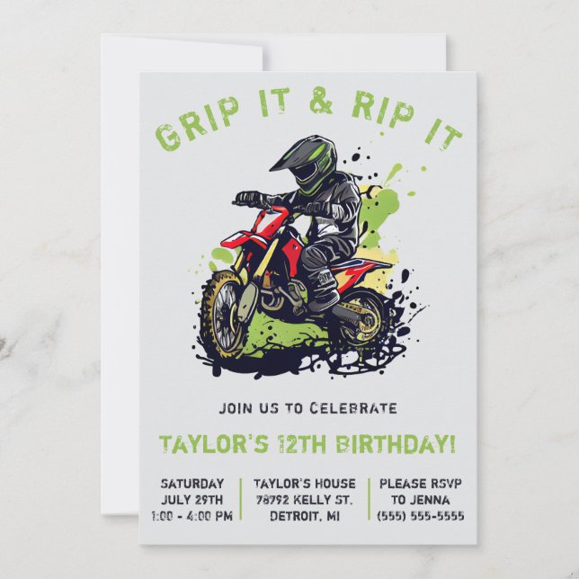 Invitación ¡Agarre Y Agarre! Motocross, cumpleaños de la bici (Anverso)