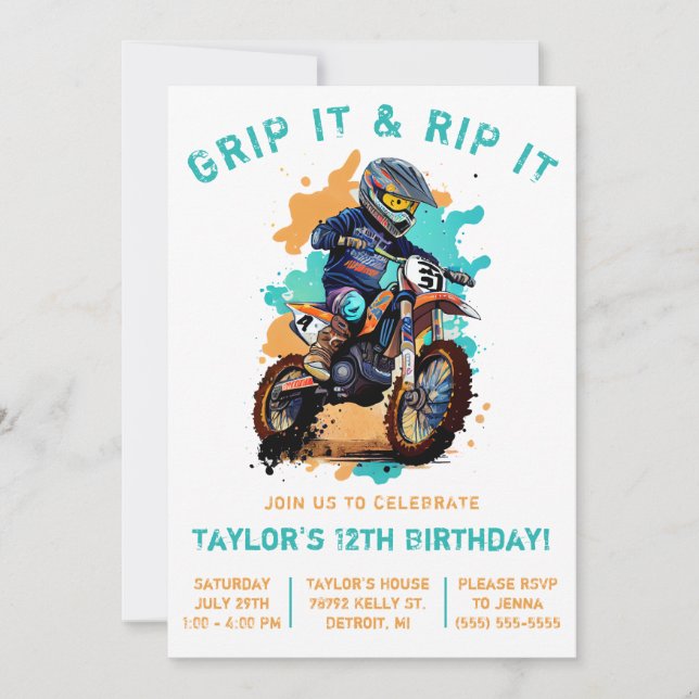 Invitación ¡Agarre Y Agarre! Motocross, cumpleaños de la bici (Anverso)