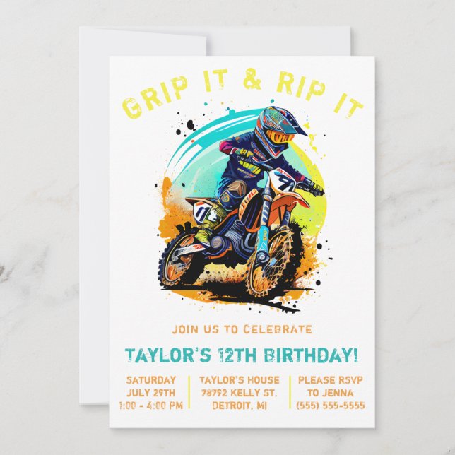 Invitación ¡Agarre Y Agarre! Motocross, cumpleaños de la bici (Anverso)