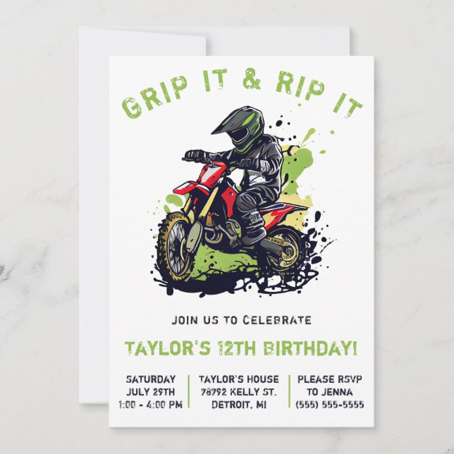 Invitación ¡Agarre Y Agarre! Motocross, cumpleaños de la bici (Anverso)
