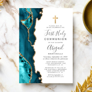 Invitación Ágata azul teal dorada con brillo Primera Comunión