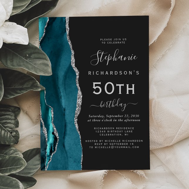 Invitación Ágata Azul Teal Oscuro Cumpleaños 50 (Subido por el creador)