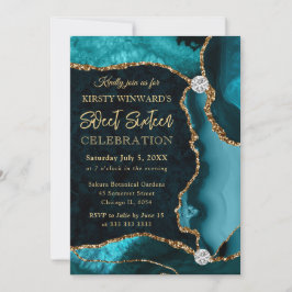 Invitación Ágata Brillo Falso Verde Azul y Dorado Dulces 16