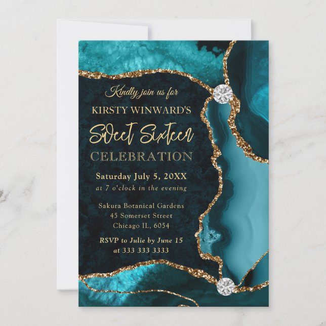 Invitación Ágata Brillo Falso Verde Azul y Dorado Dulces 16 (Anverso)
