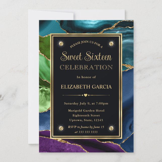 Invitación Ágata brillo púrpura, azul y verde Dulces dieciséi (Anverso)