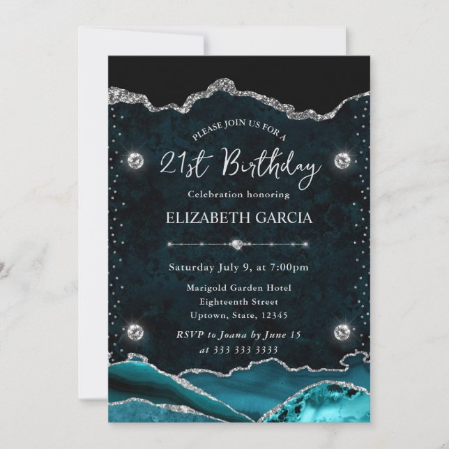 Invitación Ágata Brillo Verde Azul y Plateado Cumpleaños 21 (Anverso)