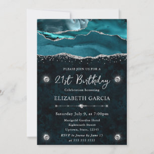 Invitación Ágata Brillo Verde Azul y Plateado Cumpleaños 21