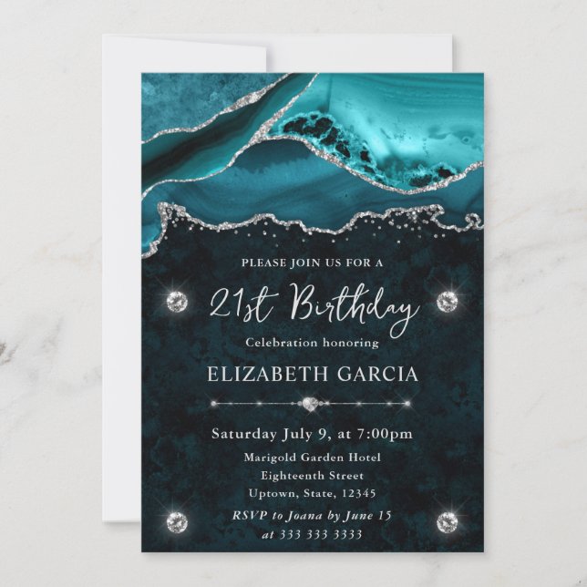 Invitación Ágata brillo verde azulado y plateado Cumpleaños 2 (Anverso)