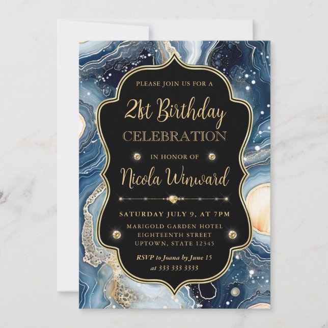 Invitación Ágata Celeste | Cumpleaños de Canica Cósmica Elega (Anverso)
