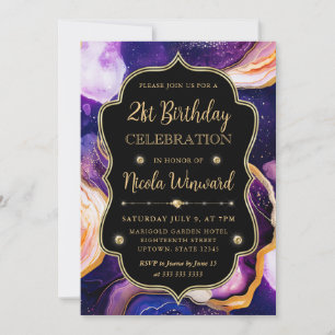 Invitación Ágata Celeste   Cumpleaños de Mármol de Oro Púrpur