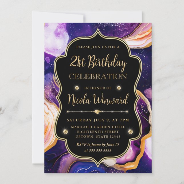 Invitación Ágata Celeste | Cumpleaños de Mármol de Oro Púrpur (Anverso)