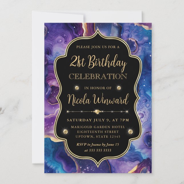 Invitación Ágata Celestial | Cumpleaños de Geoda Cósmica Ardi (Anverso)
