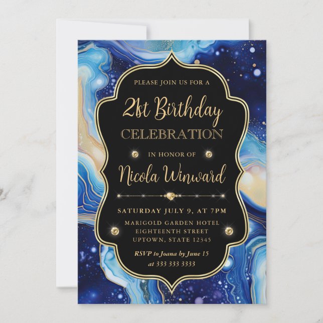 Invitación Ágata Celestial | Cumpleaños de Mármol Morado Azul (Anverso)