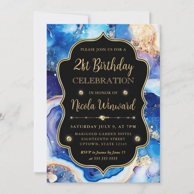 Invitación Ágata Celestial | Cumpleaños de Mármol Morado Azul (Anverso)
