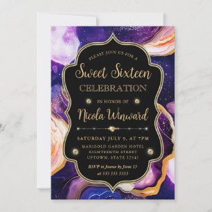 Invitación Ágata Celestial   Dulces 16 Canicas de Oro Púrpura