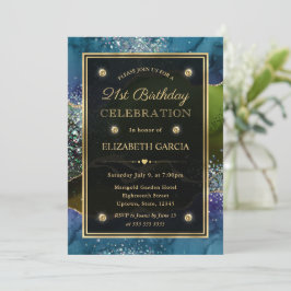 Invitación Ágata de brillo azul, verde y dorado Cumpleaños 21