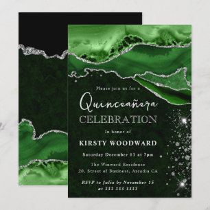 Invitación Agata de Brillo Verde y Plateado para Quinceañera
