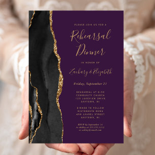 Invitación Agata de oro negro cena de ensayo de boda púrpura