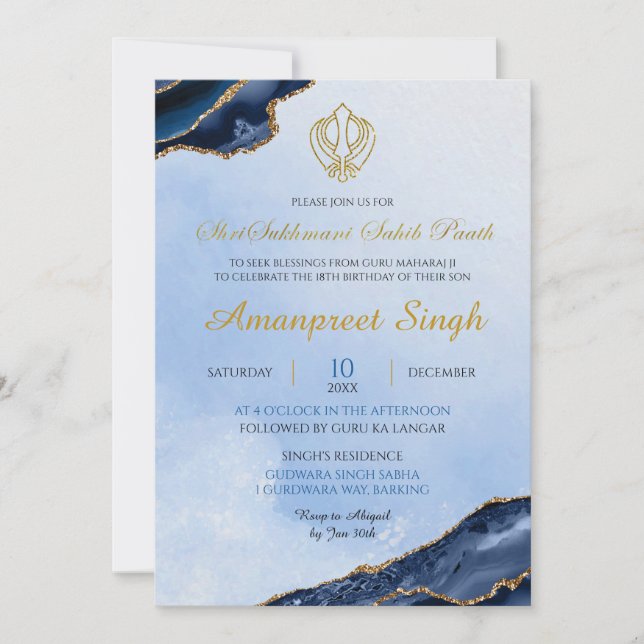 Invitación Ágata Navy Sri Sukhmani Sahib Path 18 cumpleaños (Anverso)