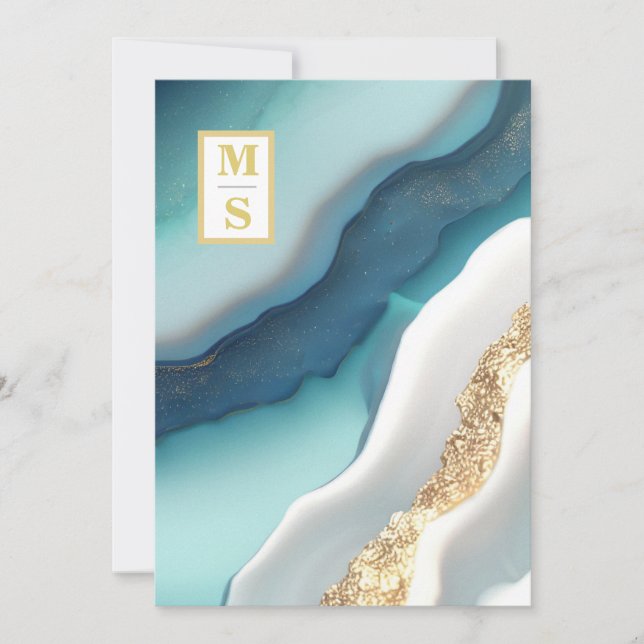 Invitación *~  Ágata QR TEAL Monograma AR66 RSVP Boda (Anverso)