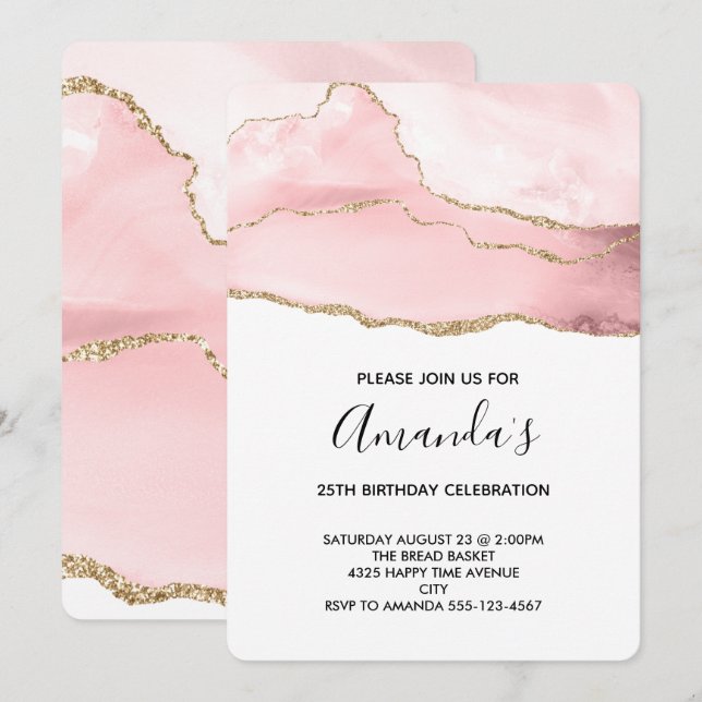 Invitación Ágata Rubor Rosa con Cinta Dorada Cumpleaños Elega (Anverso / Reverso)