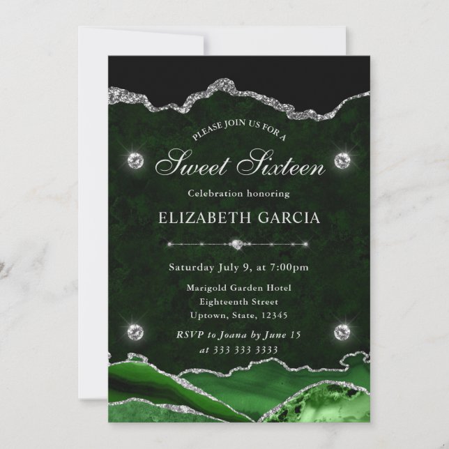 Invitación Agata Verde y Plateado Glitter Dulces 16 (Anverso)