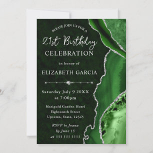 Invitación Agata y mármol verde y brillo plateado de cumpleañ