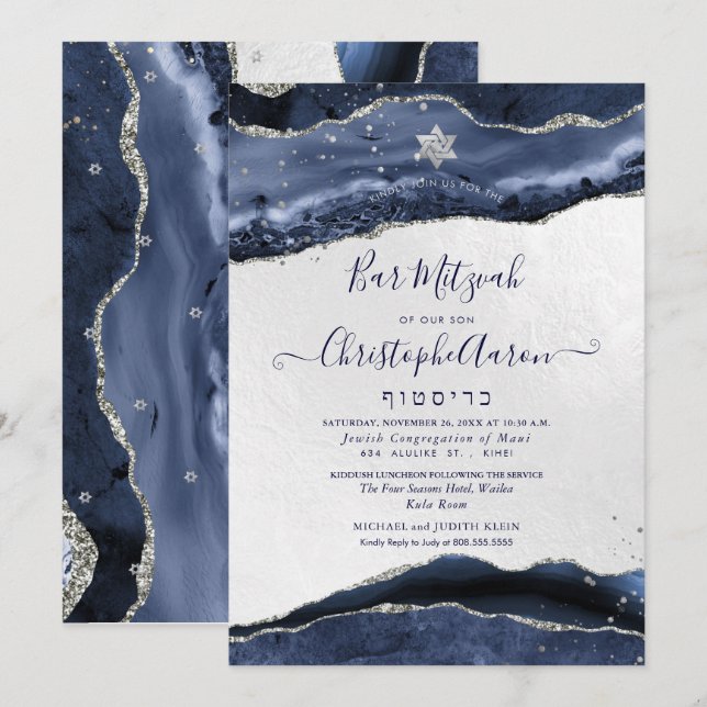 Invitación Agate acuarela, Mitzvah Bar Blue Silver (Anverso / Reverso)