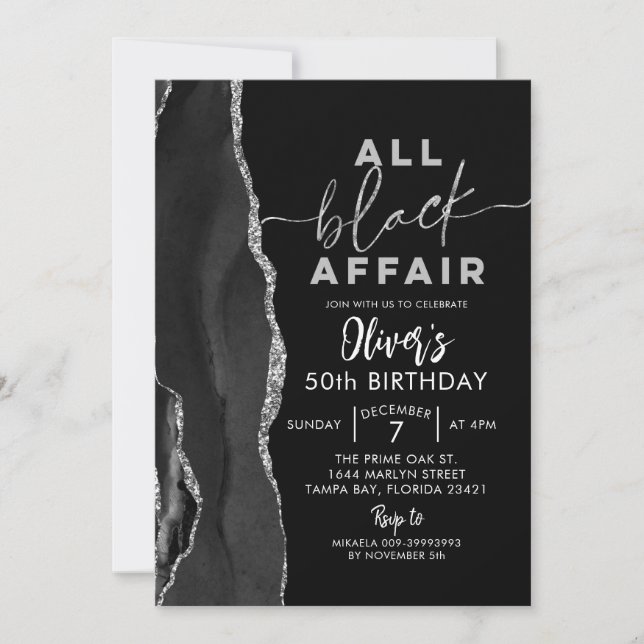 Invitación Agate All Black Affair Adults Birthday Party (Anverso)