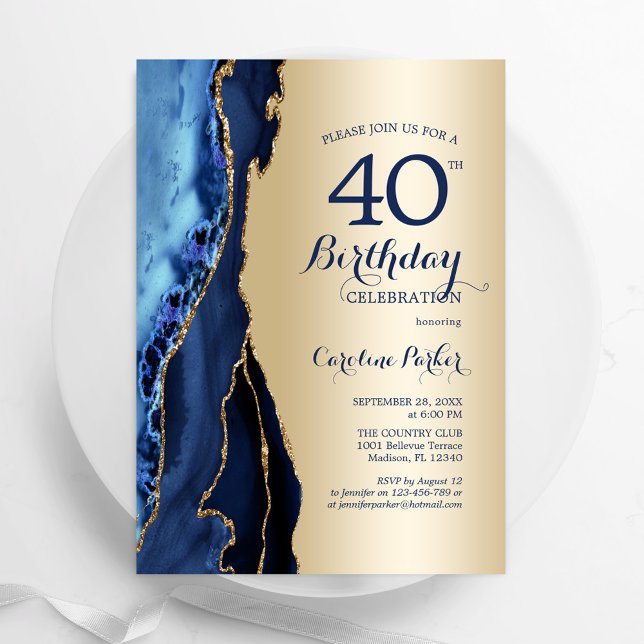 Invitación Agate azul de la marina de oro 40 cumpleaños (Subido por el creador)