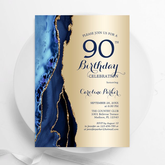 Invitación Agate azul de la marina de oro 90 cumpleaños (Subido por el creador)