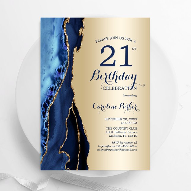 Invitación Agate azul de la marina de oro cumpleaños número 2 (Subido por el creador)
