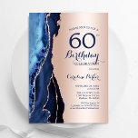 Invitación Agate azul de la marina de oro Rosa 60 cumpleaños<br><div class="desc">Invitación a la fiesta de cumpleaños número 60 de oro azul marino y rosa. Elegante diseño moderno con acuarela azul real agate fondo geodésico de mármol, rosa purpurina falso de oro y letra de escritura tipográfica. La carta de invitación de moda es perfecta para una elegante celebración del cumpleaños de...</div>