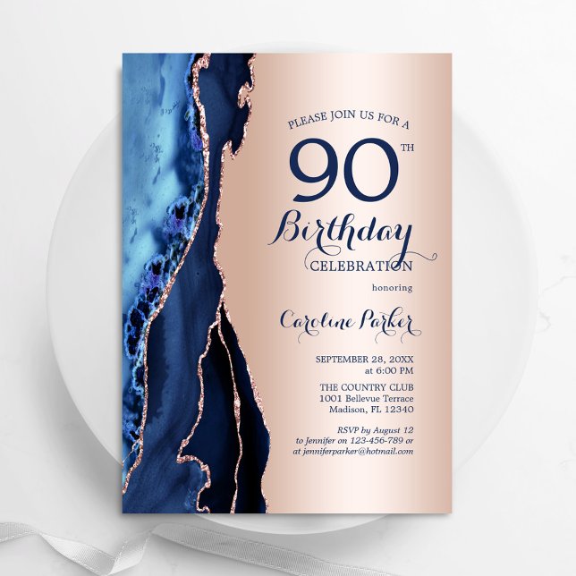 Invitación Agate azul de la marina de oro Rosa 90 cumpleaños (Subido por el creador)