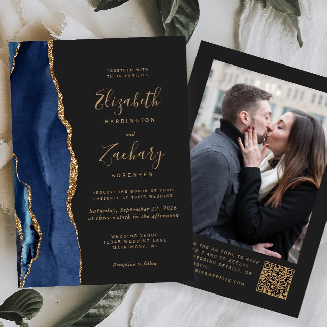 Invitación Agate azul marino Boda de código QR foto oscura (Subido por el creador)