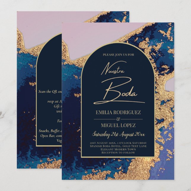 Invitación Agate Azul Oro Nuestra Boda Boda Española LeahG (Anverso / Reverso)