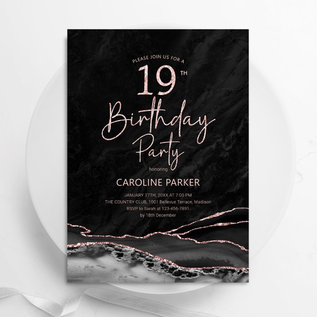 Invitación Agate Black Rosa Gold 19 cumpleaños (Subido por el creador)