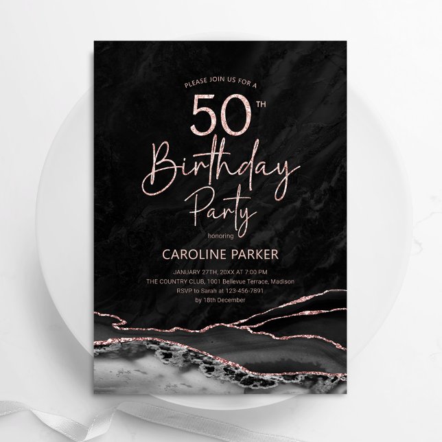 Invitación Agate Black Rosa Gold 50 cumpleaños (Subido por el creador)