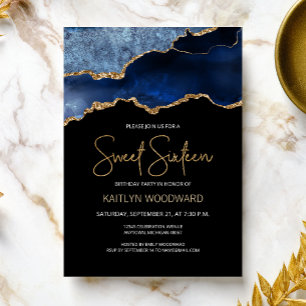 Invitación Agate Blue Gold Dark Sweet 16 cumpleaños
