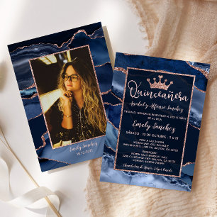 Invitación Agate Blue Rosa Gold Quinceañera Foto Español
